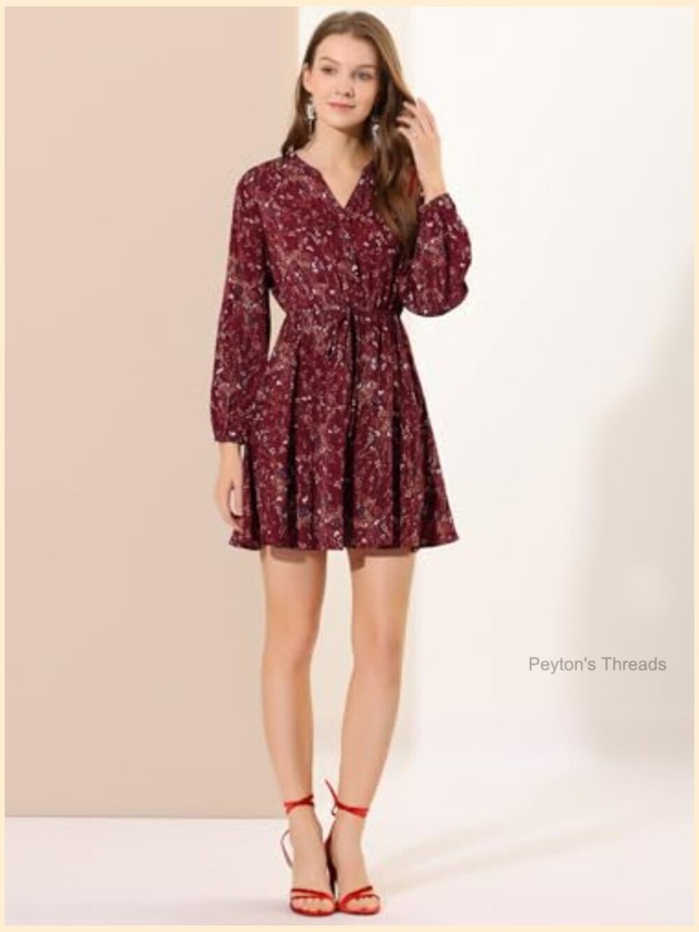 Allegra K Women's Button Front Tie Waist Vintage Long Sleeve Floral Dresses - Picture 2 of 5
